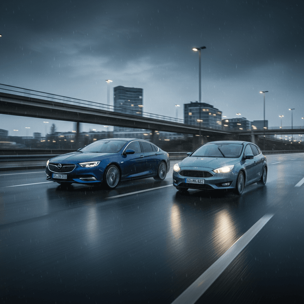 Opel en Ford over een natte weg